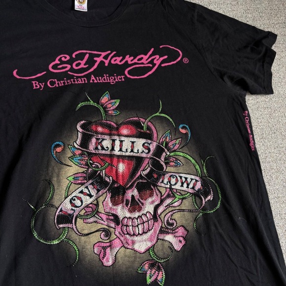 Ed Hardy Other - Ed Hardy Love Kills Slowly Rhinestone Skull Shirt Mens XXL Black Pink Grunge
